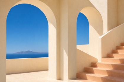 Sunlit cream arches and peach steps beneath a blue sky