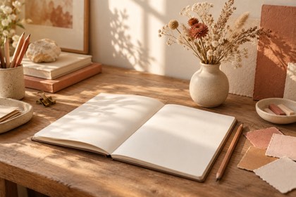 Creative desk with a sketchbook, paper swatches, and dried flowers